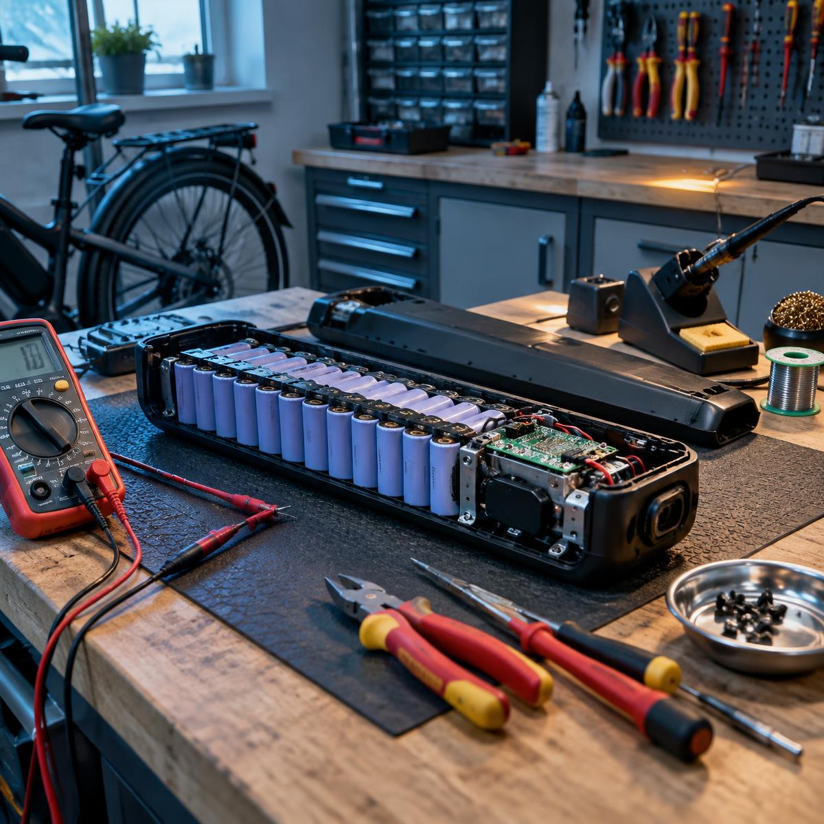 Otevřená baterie elektrokola při repasi a diagnostice