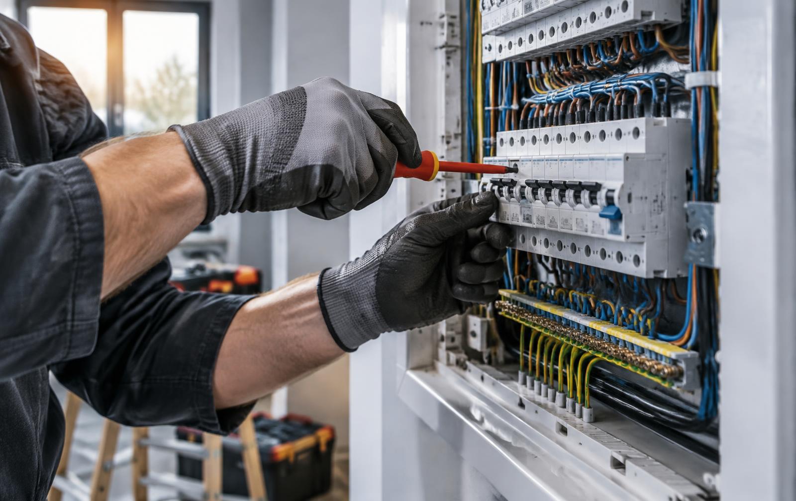 Elektrikář při práci na domovním rozvaděči